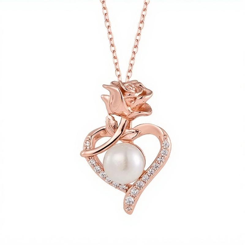 Silver 925 Heart Necklace Exquisite Necklace with Heart-shaped Center Inlaid with White Freshwater Pearls and Roses