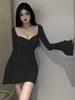 Spring and Autumn New Pure Desire Spice Girls Sexy Low Neck Open Chest Flared Sleeve Slim Long Sleeve Hip Wrap Dress Women