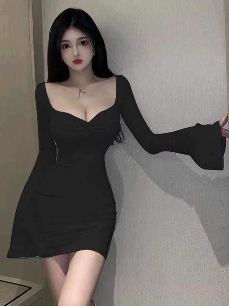 Spring and Autumn New Pure Desire Spice Girls Sexy Low Neck Open Chest Flared Sleeve Slim Long Sleeve Hip Wrap Dress Women