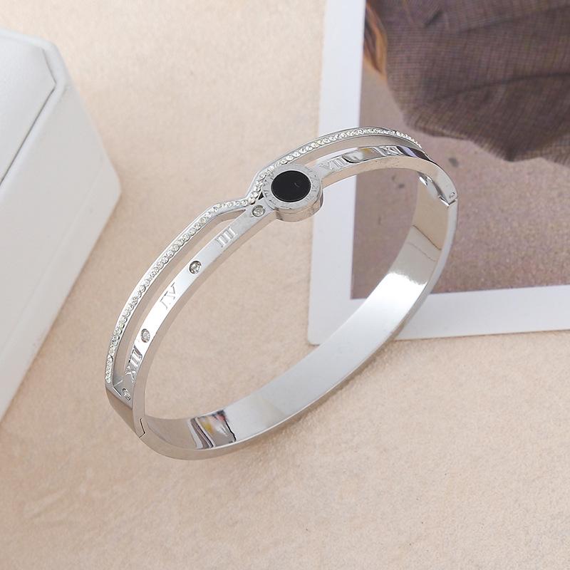 Hollow Roman Numeral V-Shaped Diamond Titanium Steel Bracelet for Women