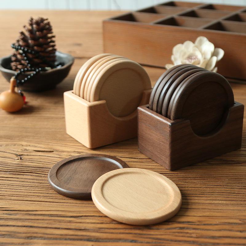 Round Black Walnut and Beech Wood Coasters, 6-Piece Set – Heat-Resistant Placemats for Coffee and Tea Cups
