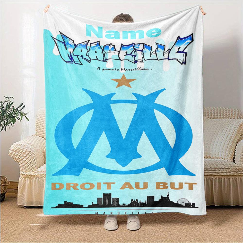 Custom Name Olympique de Marseille Theme Printed Blanket - Perfect for Couch, Bed, Travel & Outdoor Use | Machine Washable, Cozy & Durable.