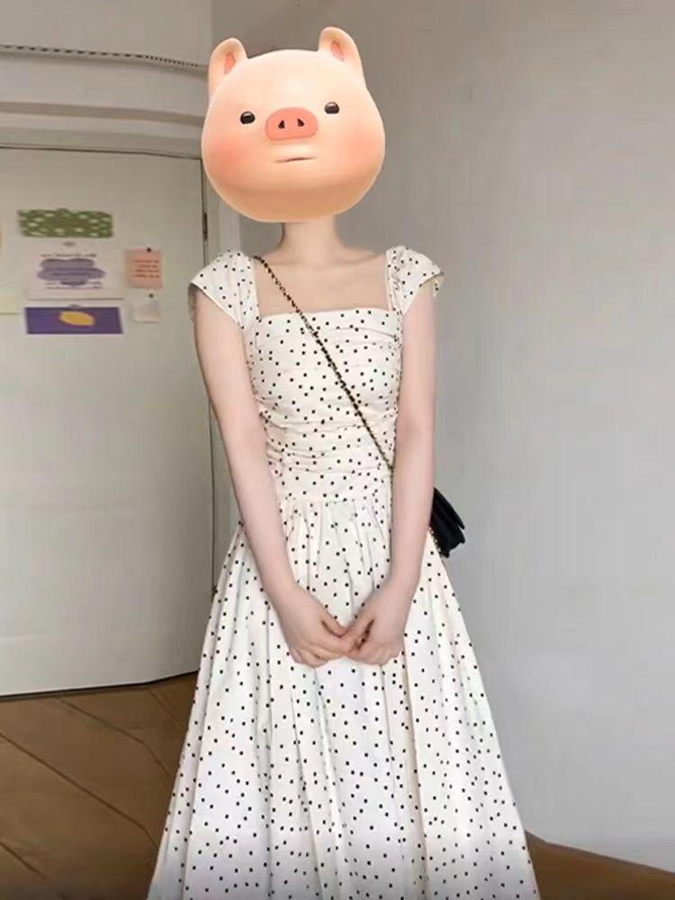 2025 Summer French Polka Dot Puff Sleeve Square Neck Long Dress for Women