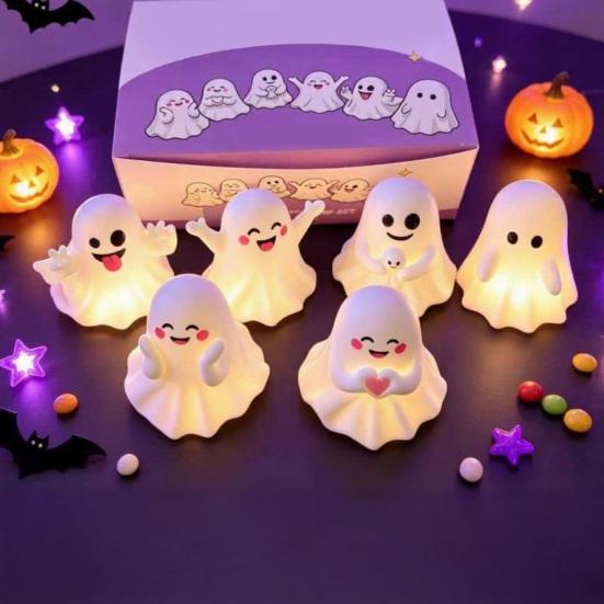 Cute PVC Halloween Ornaments 6Pcs Ghost Figurine, Pen Holder, Miniature Desk Decor, Funny Compact Holders for Pencil Stand Ornament, Creative