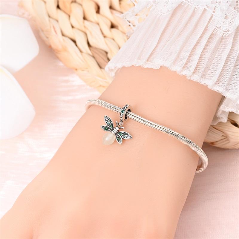 Genuine Copper Luminous Firefly Charms Beads Green Zircon Pendants Fit 3Mm Original Bangle Wrist Bracelet DIY Craft For Women Jewelry