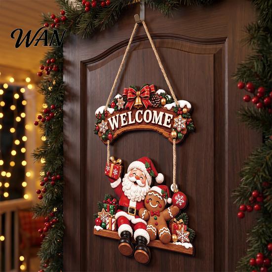 Festive Room Decoration for Holiday Wooden Christmas Welcome Sign, Front Door Hanging Rustic Gift Friends And Family Wall Decor with Elk/Santa