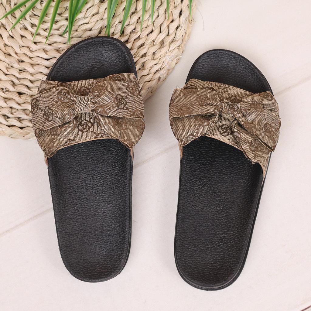 Large Thick Bottom Bow One Word Slippers for Women, Embroidered Beach Sandals, Slippers