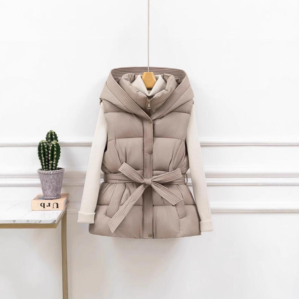 Cotton vest women's short autumn and winter new thickened cotton vest slim-fit hooded belt warm jacket