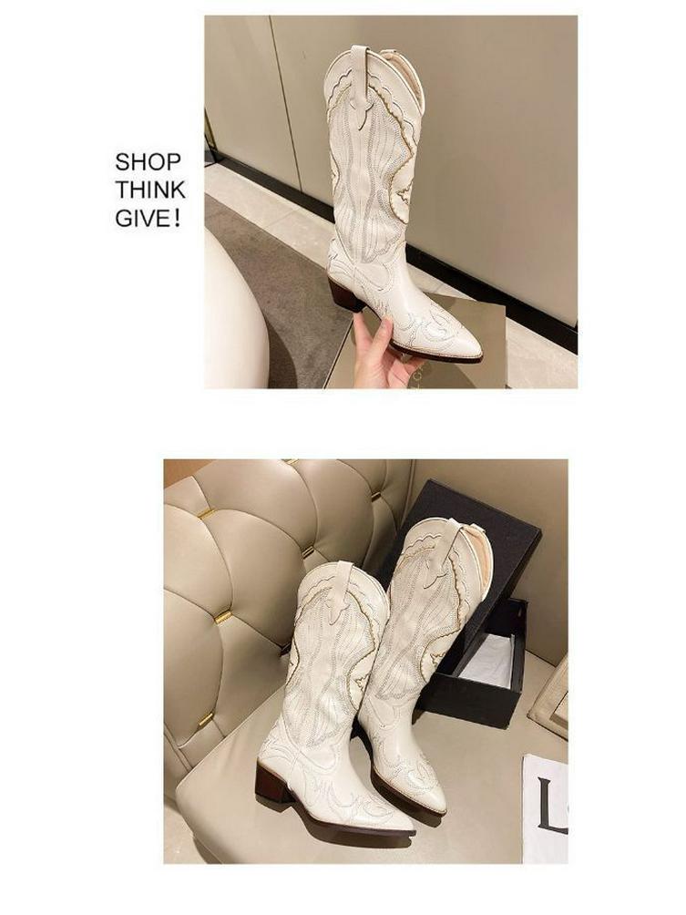 Damen Überknie-Cowboystiefel mit spitzer Zehenpartie in Übergröße - 2025 Herbst/Winter Klobiger Absatz Western-Stil