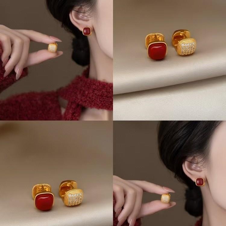 Red Bean Micro-Inlaid Zircon Double-Sided Stud Earrings, Autumn And Winter Cinnabar Red Temperament Personalized Earrings