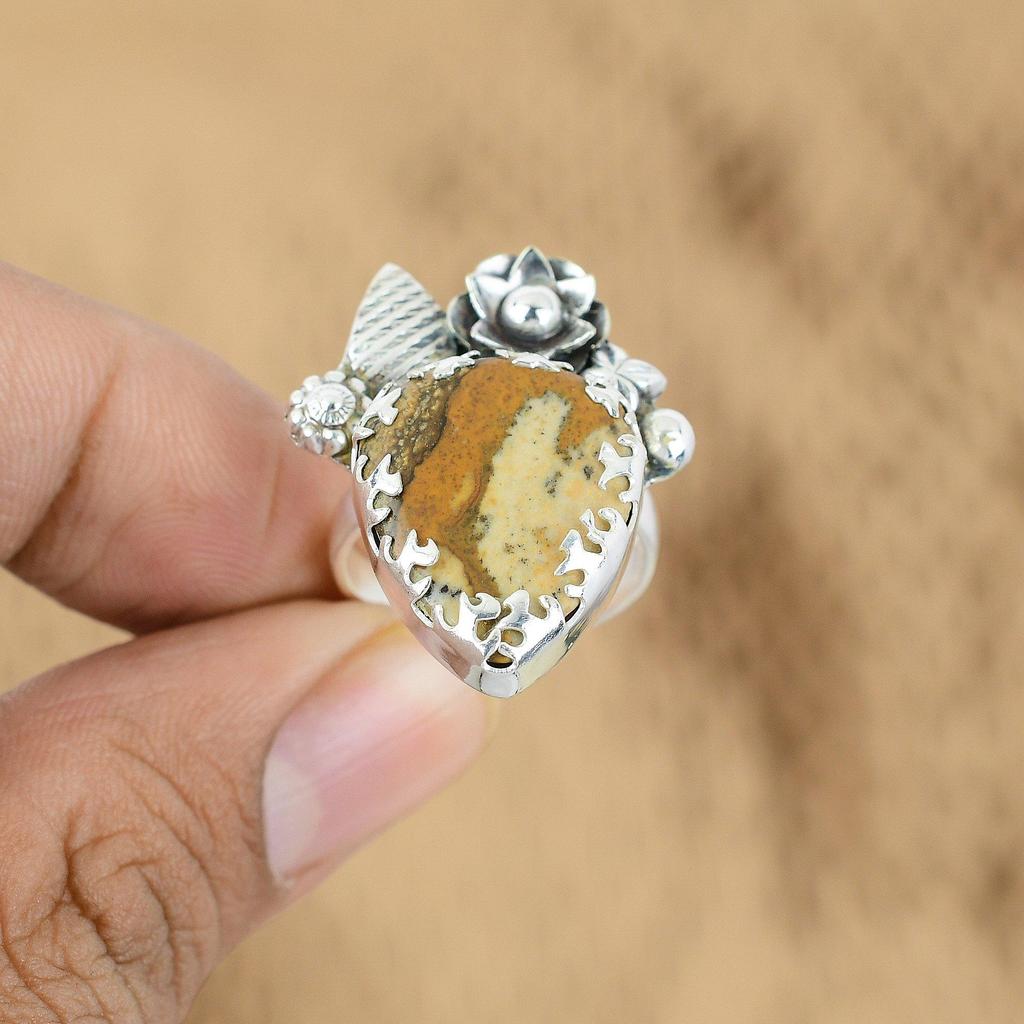 Mothers day Deal 925 Silver Natural Picture Jasper Promise Flower Statement Ring