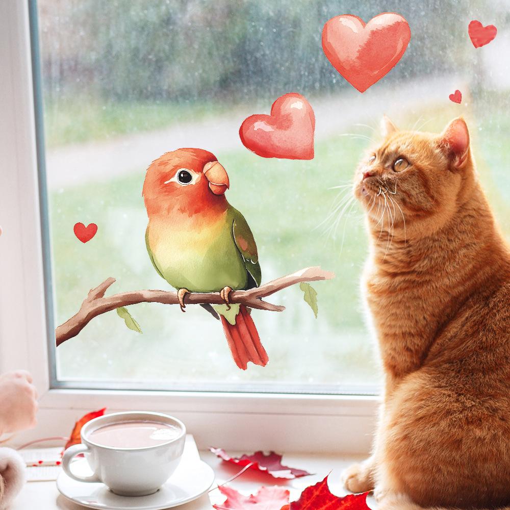 Cute Parrot Heart Window Sticker Glass Window Home Decoration Self-Adhesive Removable