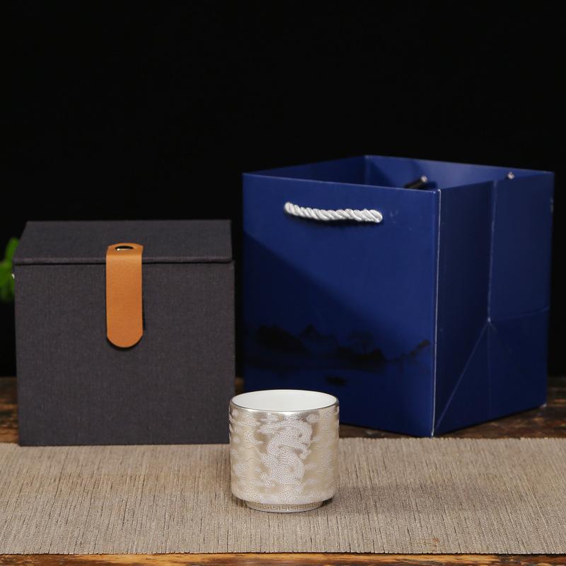 999 Gilt Silver Dragon and Phoenix Handmade Pure Jade Ceramic Gift Box Kung Fu Tea Set Home Use Master Cup