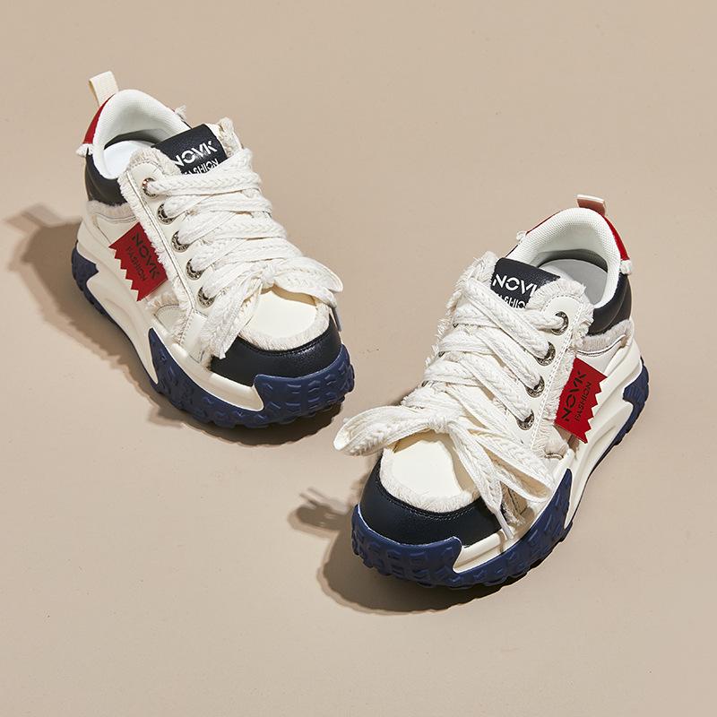 2025 Women's Colorblock Genuine Leather Casual Shoes with Thick Sole and Height Increase