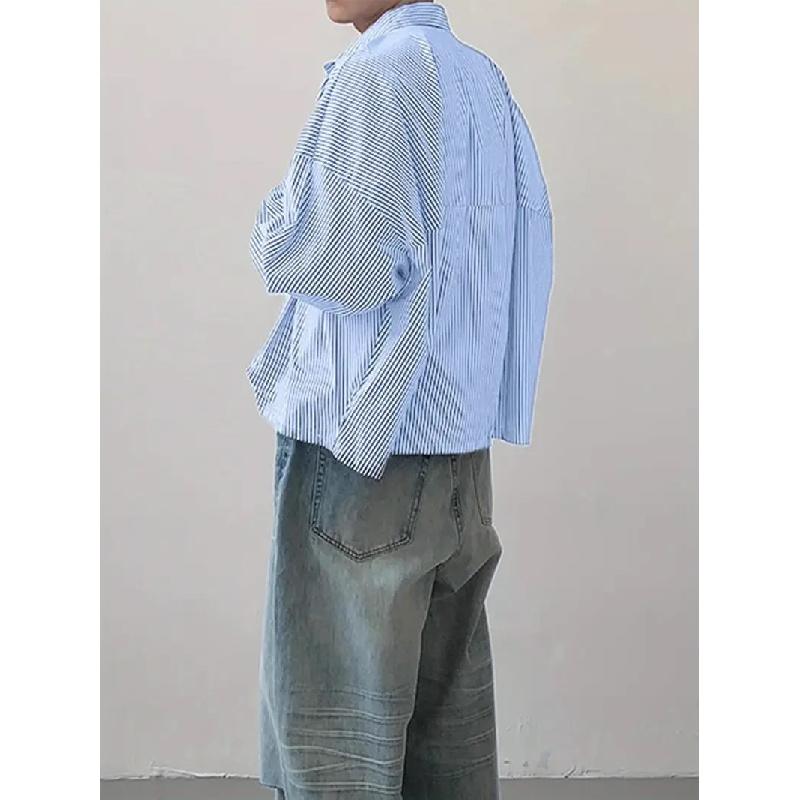 2026 New Men's Fashion Turn-down Collar Vertical Striped Loose Long Sleeve Shirt