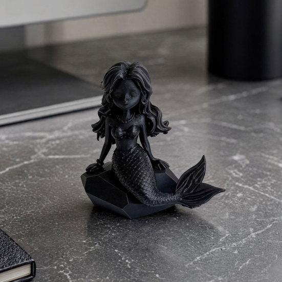 Baizihuahu 3D Printed Mermaid Action Figure, Dark Gothic Style Figurine with Matte Black Finish, Movable Joints & Wide Rock Base, Decor for