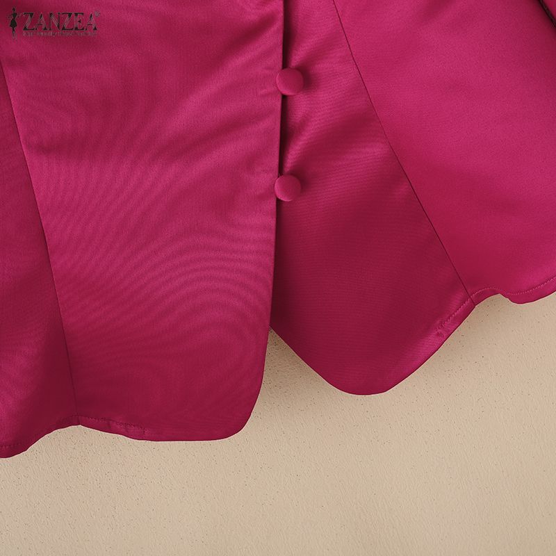 ZANZEA Damen Casual V-Ausschnitt Einfarbig 3/4-Ärmel Satinbluse