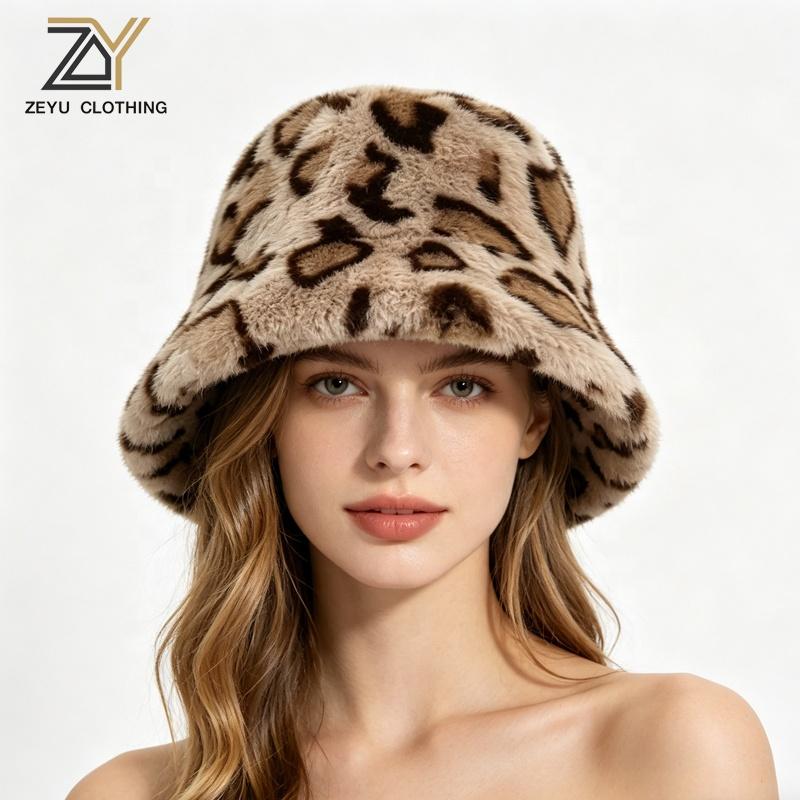 Zeyu New Fashion Leopard Print Cashmere Bucket Hat Women Winter Thick Warm Plush Fisherman Cap Casual Outdoor Party Travel Daily