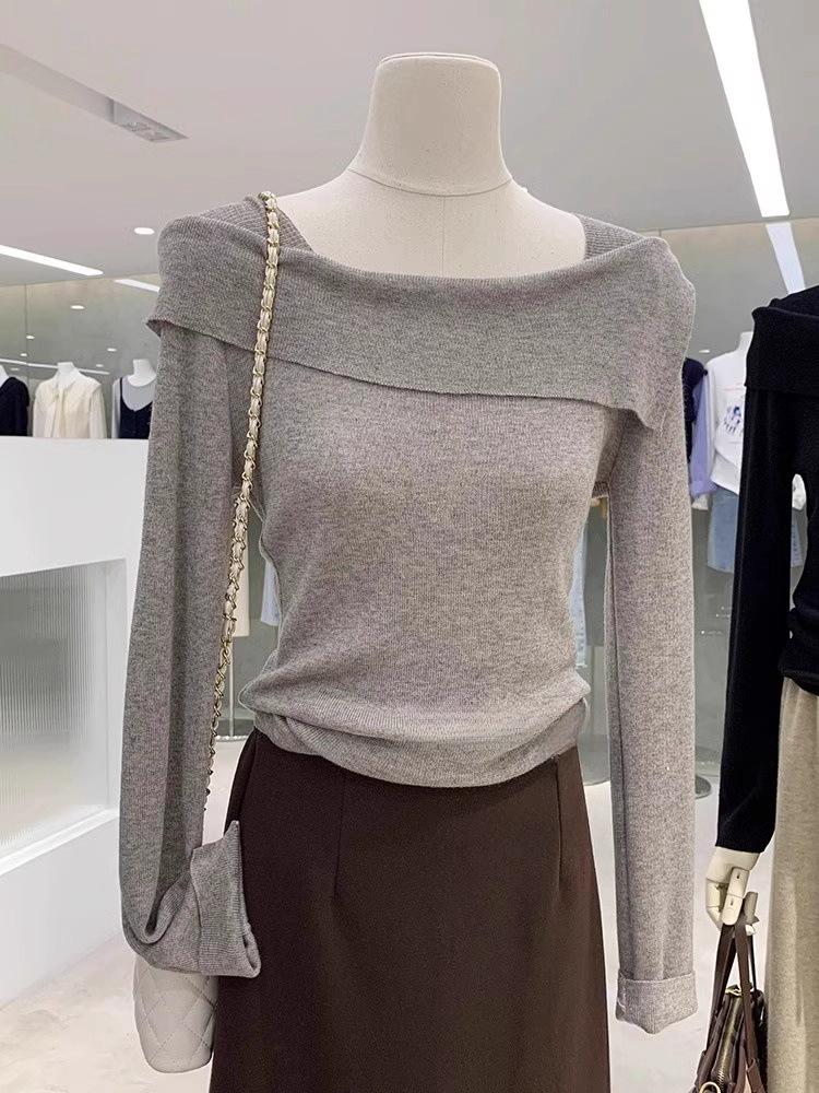 Irregular one-word collar off-shoulder top women's spring soft waxy knitted sweater temperament slim-fitting bottoming shirt