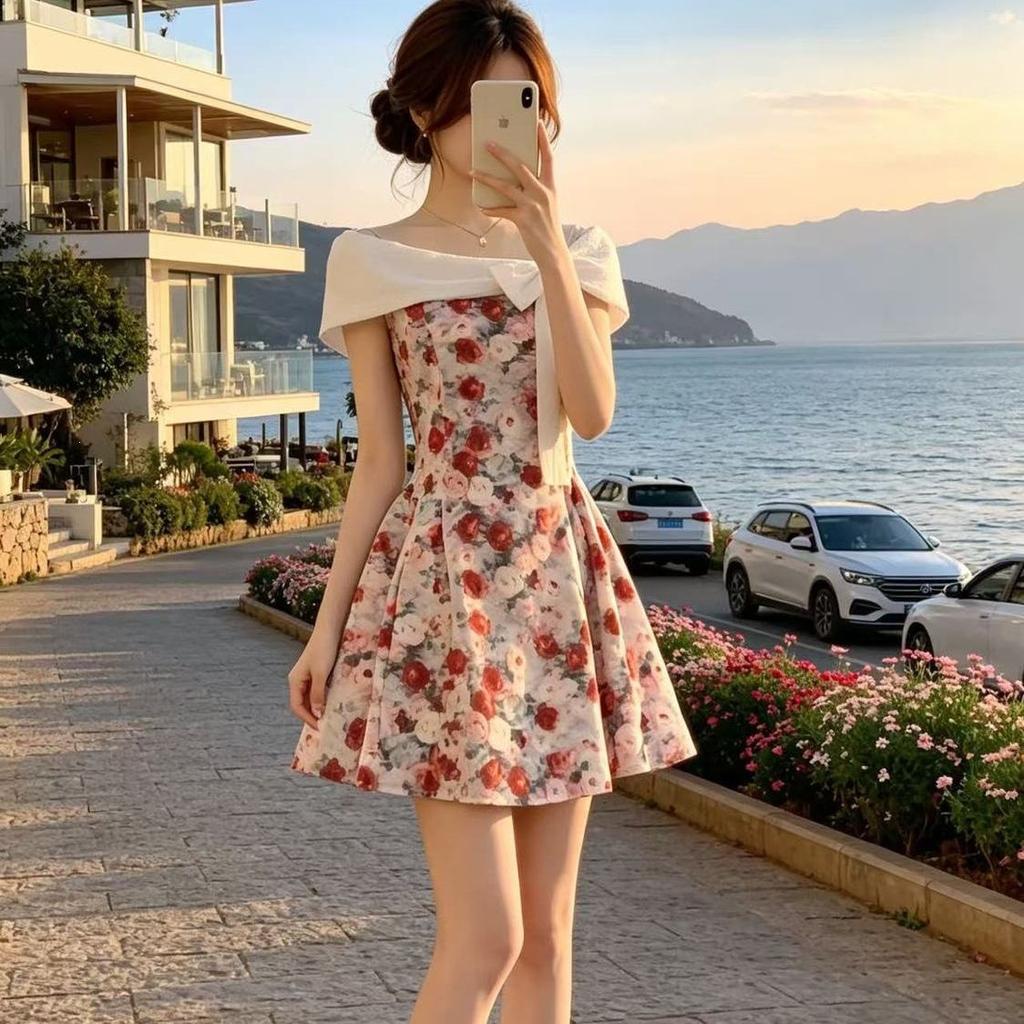French retro high-end one-word shoulder floral dress, summer new bow off-the-shoulder waist and thin skirt
