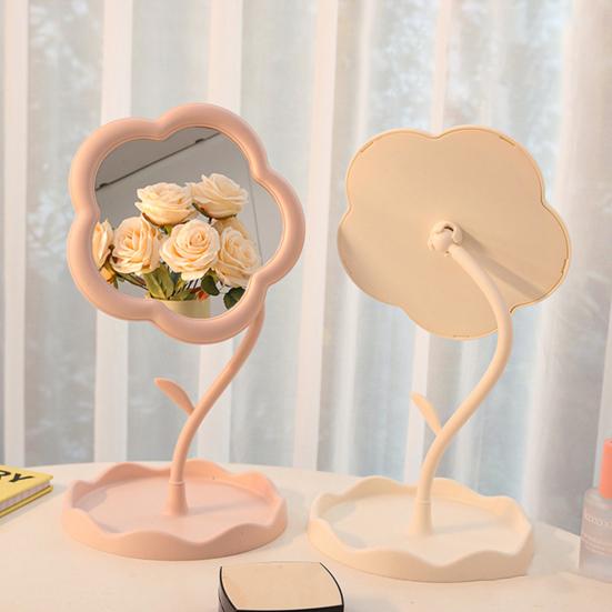Flower Desk Makeup Mirror with Storage Tray 360 Degrees Rotation Desktop Vanity Mirror Multi-purpose Women Cosmetic Table Mirror Jewelry Organizer