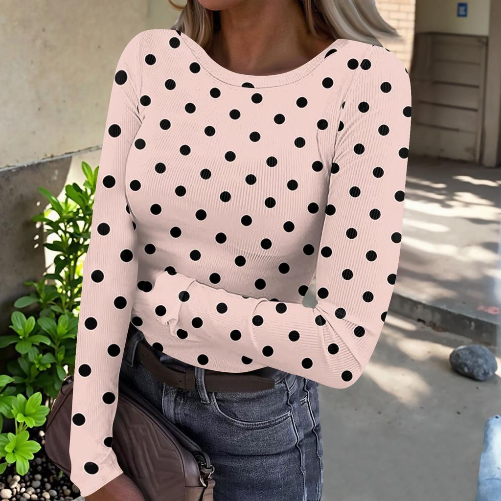 Women's Casual Polka Dot Long Sleeve Top, Round Neck Ribbed Blouse for Daily Wear