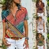 Summer Women Ethnic Print Zipper Slim Fit T Shirt All Match Blouse Travel Top