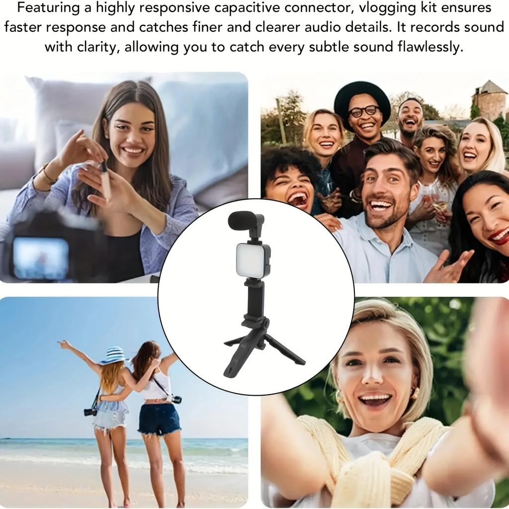 LED Fill Light Stand For Smartphone Vlogging Kit Tripod Phone Holder Mini Microphone LED Fill Light Adjustable Mobile Phone