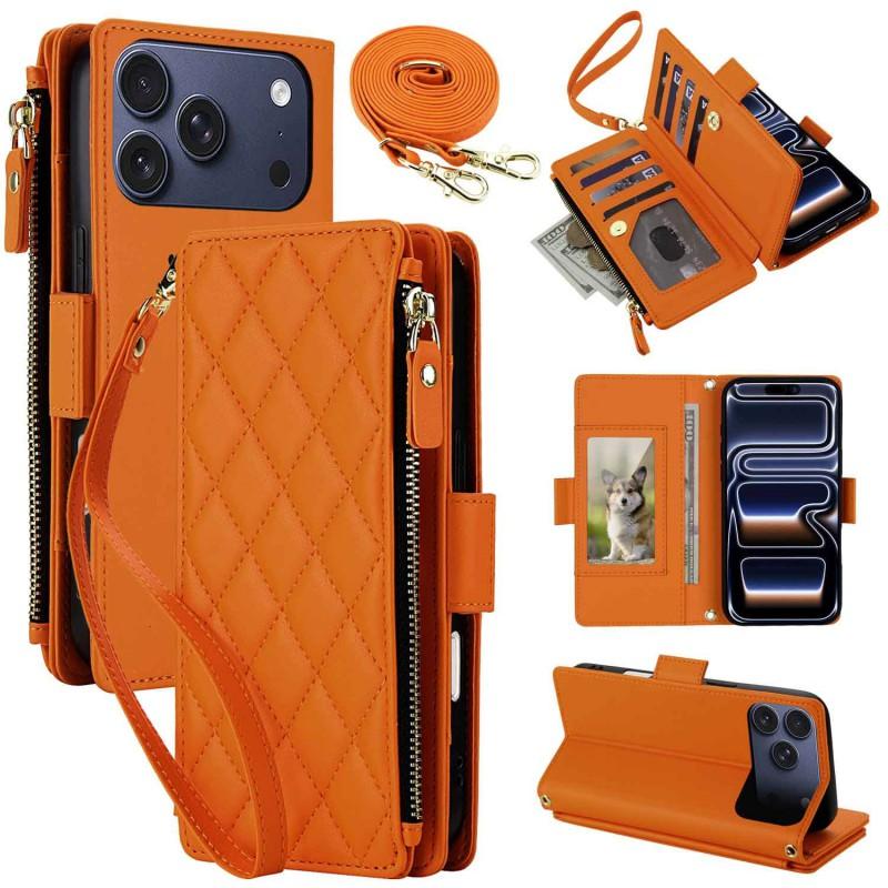 IPhone 17E 16 18 Pro Max Grid 9 Card Slot Crossbody Zipper Wallet Phone Case