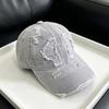 American-style washed denim baseball cap with distressed details, suitable for women, with a large head circumference, and a trendy design