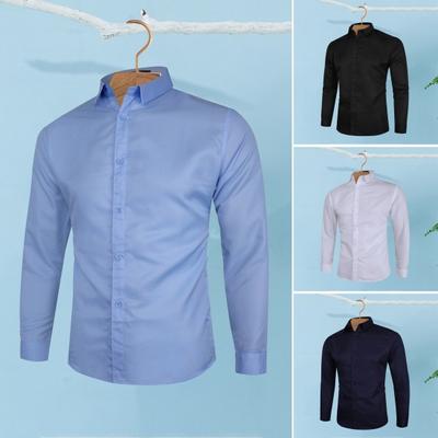 Men Fall Spring Shirt Lapel Long Sleeve Solid Color Single-breasted Buttons Cardigan Slim Fit Soft Breathable Formal Business Style Men Office Top