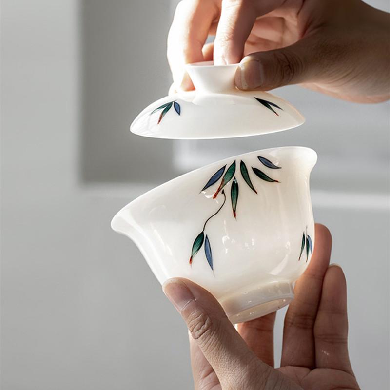 110ml Chinese White Porcelain Gaiwan Handmade Bamboo Leaf Pattern Ceramic Tea Tureen Travel Portable Tea Bowl Household Tea Set