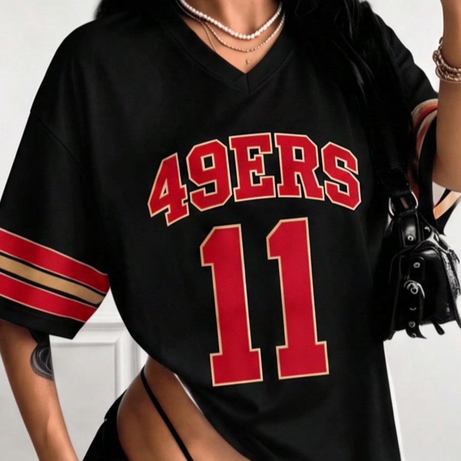 Women Black Mesh V Neck Football Jersey, San Francisco 49ers Graphic Short Sleeve Tee, Game Day Sport Fan Top