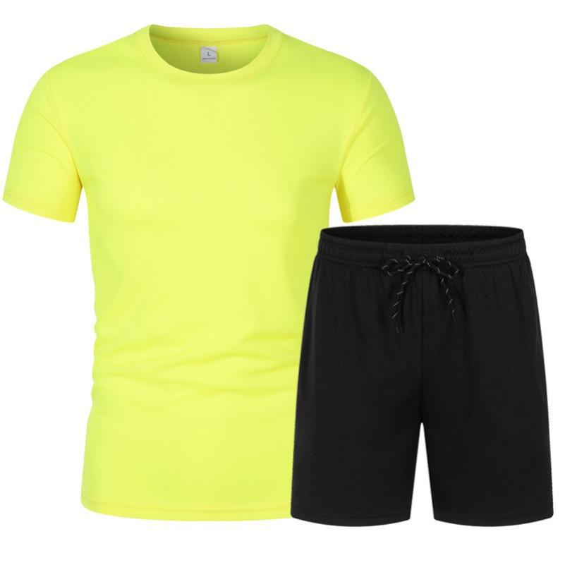 Mesh Short-sleeved Suit Summer Men's 2-piece Breathable Jersey T-shirt Sports Five-point Shorts Solid Color Casual Suit