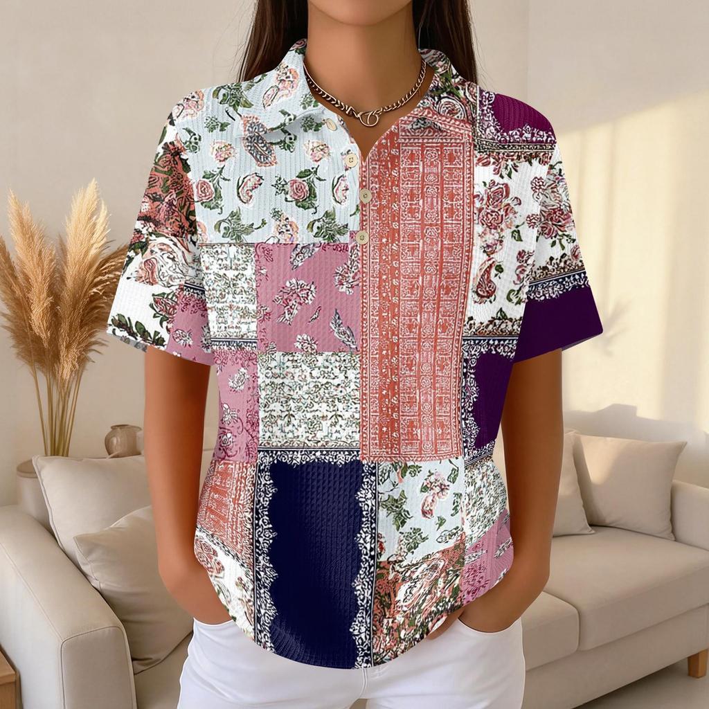 Women’s Casual Short Sleeve Waffle Knit Collared Top with Patchwork Floral Print Relaxed Fit for Daily Wear Office Travel