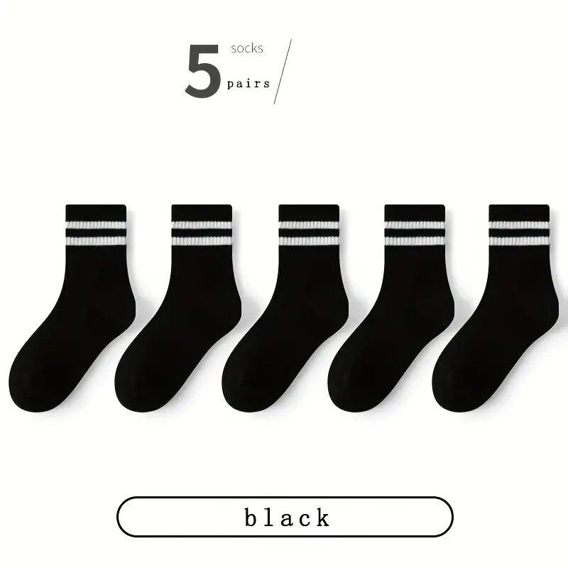 5 Pairs Women's Mid Length Socks Solid Color Parallel Stripe Simple Fashionable Sports Sweat-Absorbing High-Quality Girls' Socks