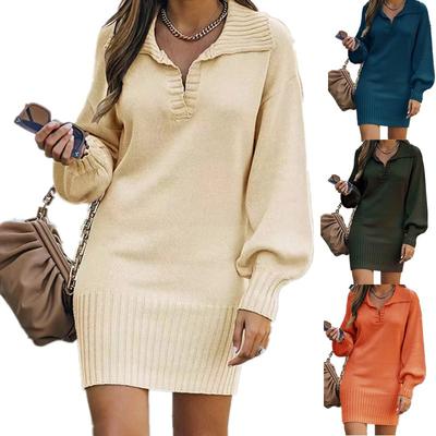 Women's Sweater Women's Mid-Length Sweater Dress Lapel Lantern Sleeve Knit Solid Long Dresses