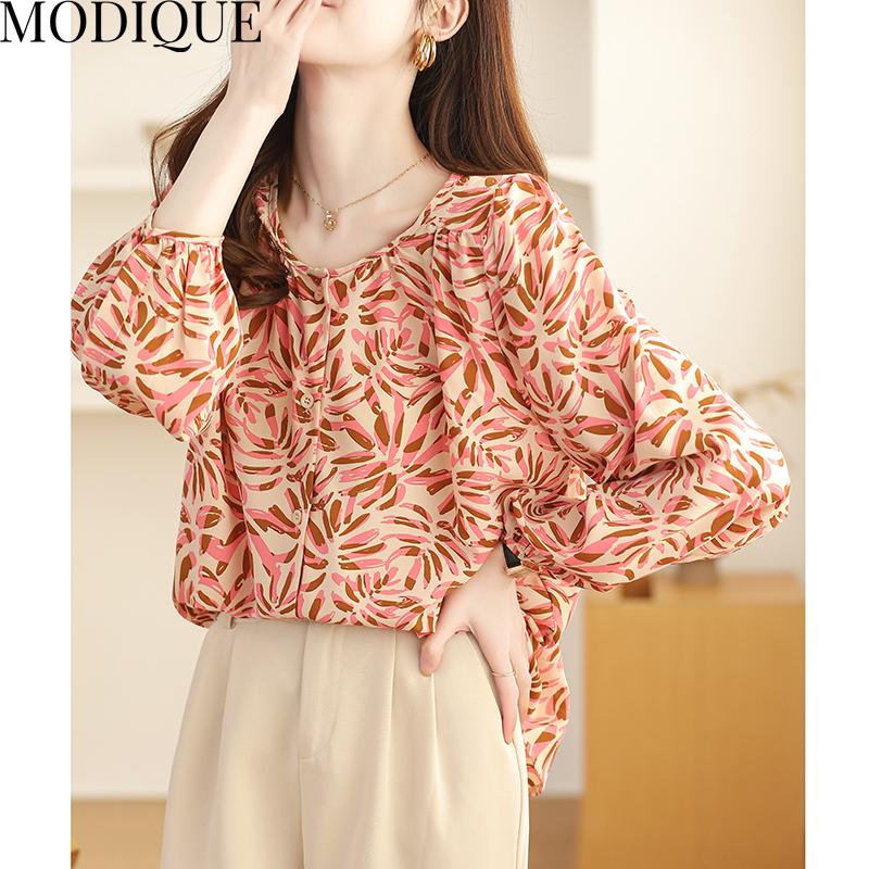 MODIQUE Spring Summer Plus Size Women Casual Loose Elegant Cotton Linen Chiffon Leaf Print Blouse Shirts Lady Oversize O-Neck Long Sleeve Coats
