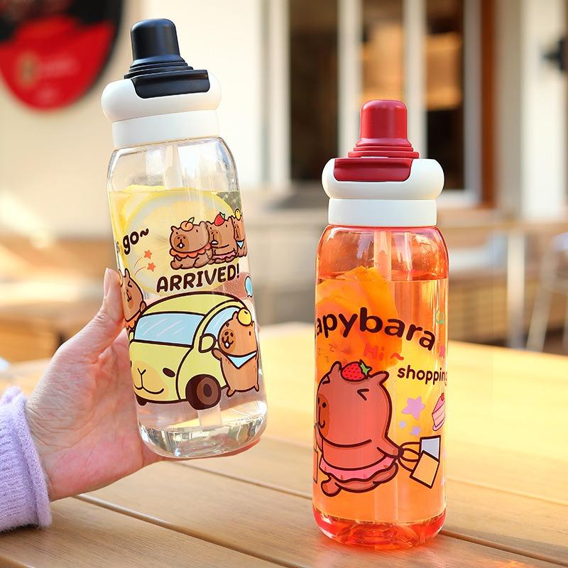 Capybara Plastic Water Bottle Portable Cartoon Large Capacity Handheld Straw Cup for Sports Travel Kids Drinkware Accessories