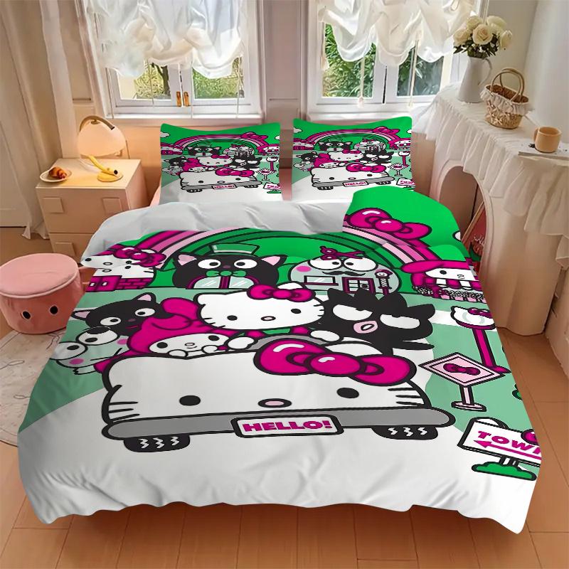 3pcs Under the Rainbow Hello Kitty and Friends Pattern Bedding Set, 1* Cover + 2*Pillowcases, Printed Bedding Set, Soft and Comfortable.S102