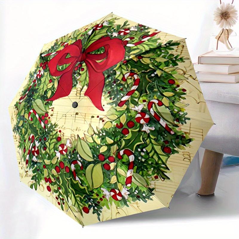 

1pc Christmas Wreath Pattern Automatic Open/Close Folding Umbrella with 14 Ribs, Windproof Portable Sunshade, Plastic Handle,