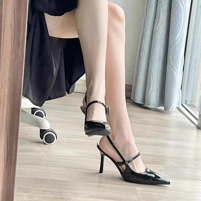 Nude High Heels Women's Pointed Head 2024 New Autumn Patent Leather Back Empty Temperament Single Shoes Black Stiletto Summer Sandals