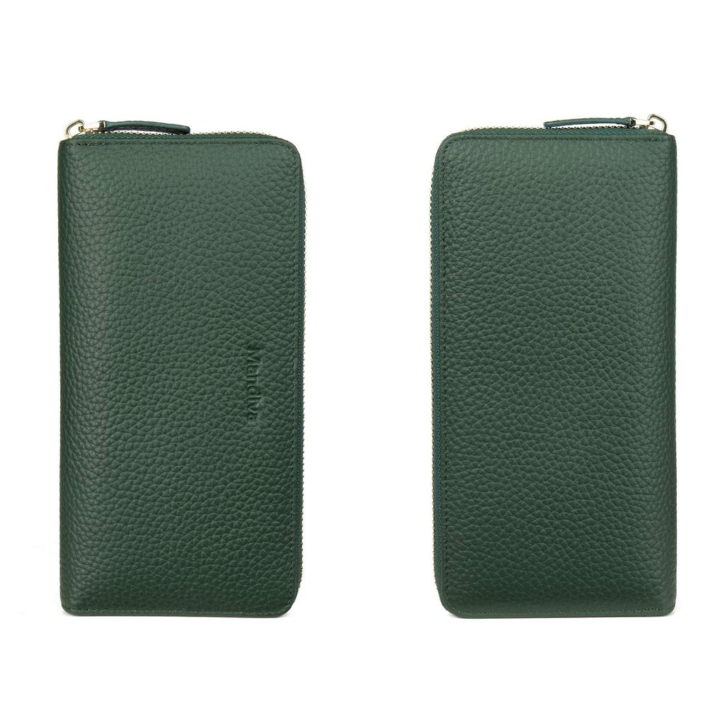 Mandiva Women's Long Wallet, Genuine Leather, Separate Coin Purse, Large Capacity, Round Zipper, Top Leather (Green)