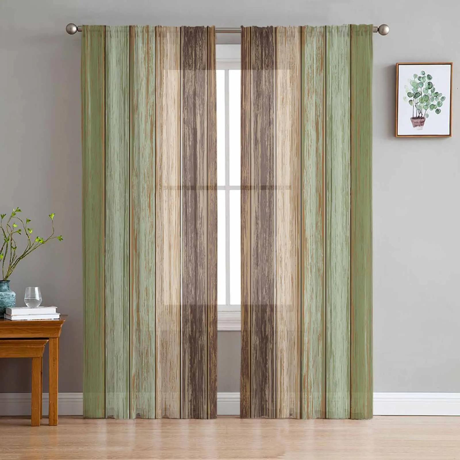 Vintage Salbeigrün Grau Schrittweise Schrittweise Holzmaserung Sheer Vorhänge Wohnzimmer Küche Dekoration Tüll Voile Fenster Vorhang W135 x H115cm x1&Grommet Top gray