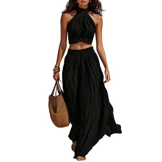 Comfortable Summer Pants Women's 2 Piece Outfits, High Neck Halter Sleeveless Top And Slimming Loose Trousers Wide Leg Matching Set, Beach Vacation