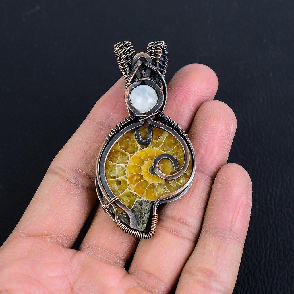 Ammonite Fossil 999 Copper Wire Wrapped Pendant, Handmade Gemstone Jewelry Pendant For Memorial Day