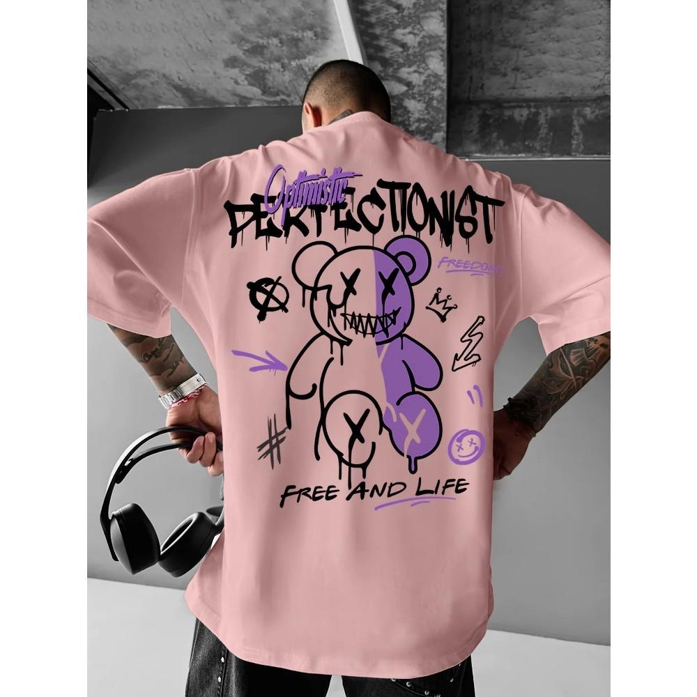 Summer New Men's T-shirt Fashion Letter Bear Print Pattern is a Casual and Versatile Polyester Men's T-shirt