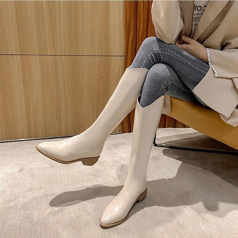 Fashion Middle Heel Knee High Shaft Shoes Woman Leather Brown Pointed Toe Long Boots for Women Comfortable and Elegant New in Footwear