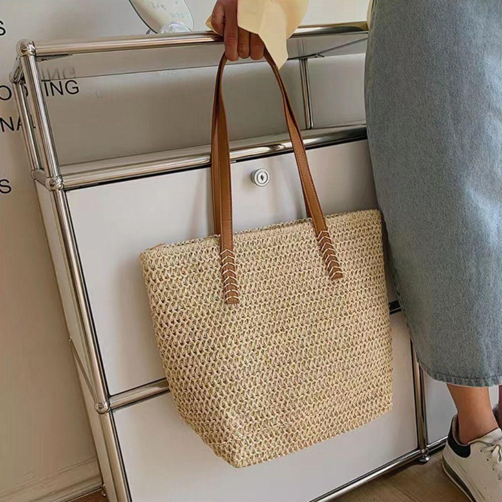 Square Beach Handbag Zipper Raffia Shoulder Bag Casual Weave Straw Tote Bag  Spring