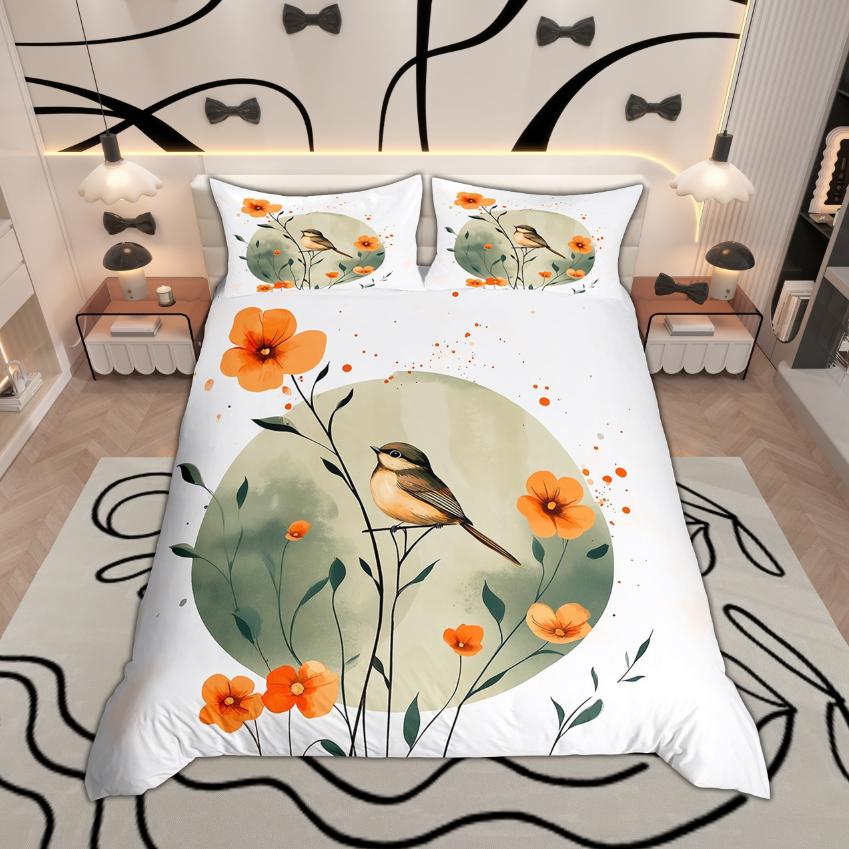 Homewish Modern Minimalist Duvet Cover Set, Chic Bird Bedding Set, Botanical Leaves Quilt Cover Set, Bedroom Decor